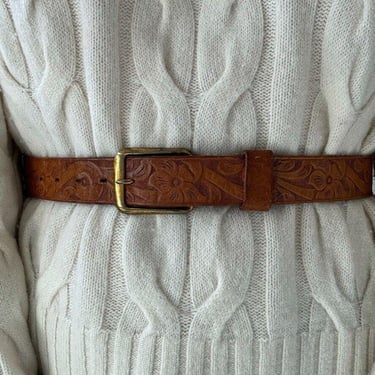 Vintage 1970s Newport Womens Handtooled Floral 100% Leather Tan Western Belt 30 