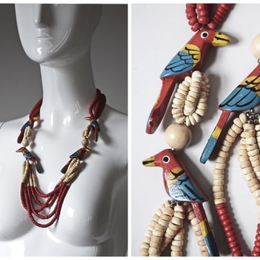 vtg 1980s red beaded wooden tropical bird beaded multi strand necklace jewelry | Retro 1980s | summer parrot island colorful statement 