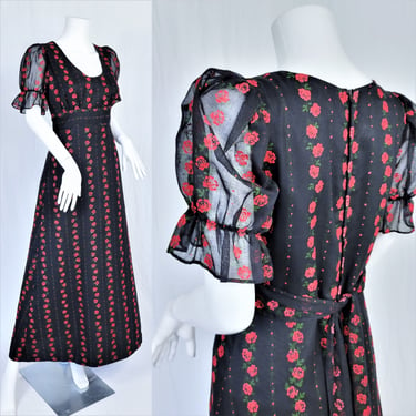 1970's Black Red Flocked Velvet Rose Print Long Maxi Dress I Sz Med 