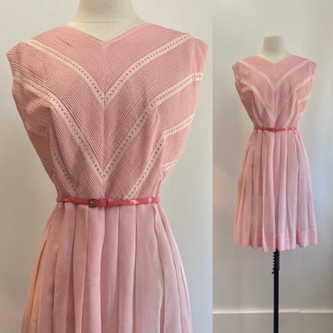Vintage 50s Day Dress / PINK Sheer Cotton Voile Summer Dress / CHEVRON Bodice + EYELET Detail + Box Pleat Skirt / Betty Hartford 