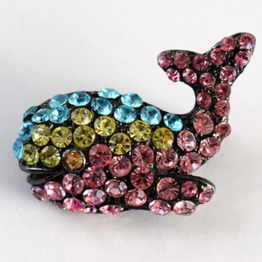 60's gunmetal rhinestone smiling whale brooch, whimsical pastel glass mid-century sea mammal pin 