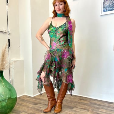 Vintage 2000s Dress / Y2K Diane Freis Drop Waist Paisley Print Silk Dress / Green Pink ( XS S ) 