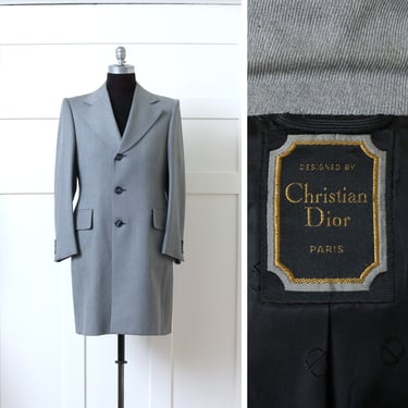 mens designer vintage DIOR overcoat • 1970s wide lapel SB gray wool coat with monogram liner • tailored by Hart Schaffner Marx 