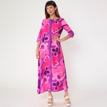 70s Hawaiian Maxi Dress Bright Tropical Floral Dress Hot Pink Purple Hippie Bohemian Festival Caftan Muumuu Boho Vintage 1970s Small S 