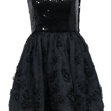 Betsey Johnson - Black Strapless Fit & Flare Dress w/ Sequin Bodice & Floral Appliques Sz 6