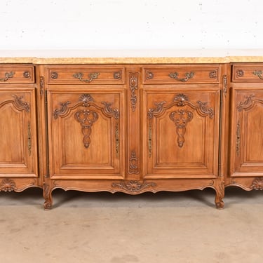 Antique Monumental French Provincial Louis XV Carved Walnut Marble Top Sideboard or Bar Cabinet