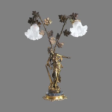 Antique Brass Marble Frosted Shade Figural Table Lamp