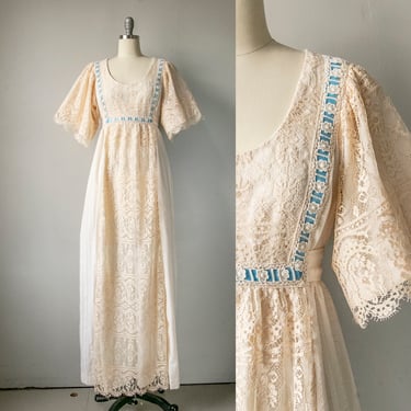 1970s Dress Lace Maxi Gown M 