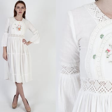 70s Embroidered Gauze Dress, Bohemian Prairie Style Angel Sleeves, Crochet Lace Tiered Mini Dress 