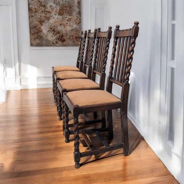 Antique Dining Chairs – Set of 4 Wooden Chairs, Vintage Dining Room Chairs, Classic Design with Barley Twist Legs 