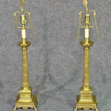 Solid Brass French Regency Fluted Column Lamps with Paw Feet and Anthemia, Pair
