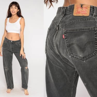 Black Levis Jeans Y2k Levi 505 Mom Jeans High Waisted Levi Strauss Denim Pants Faded Ripped Boyfriend Distressed Vintage 00s Men's 34 x 32 