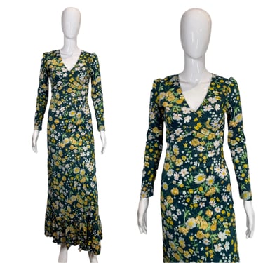 1970's Green and Yellow Floral Wrap Gown Size XS