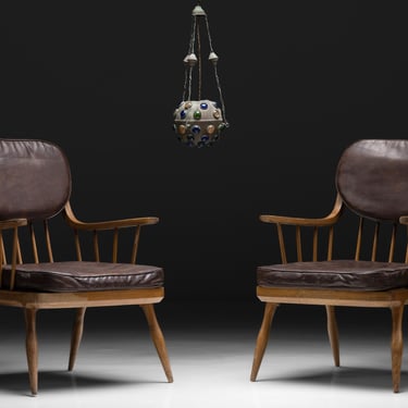 Bronze & Glass Lantern / Wood & Leather Armchairs