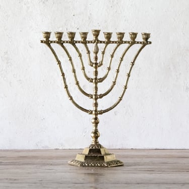 Vintage Brass Menorah, Religious Candle Holder, 9 Branch Hanukkah Menorah 
