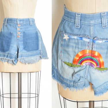 vintage 60s 70s jean shorts hand embroidered rainbow denim cutoffs hippie M clothing 