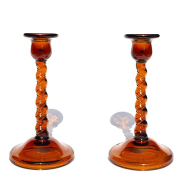 Set of 2 Vintage Amber Glass Candlestick Holder Barley Twist, Glass Candle Holders 