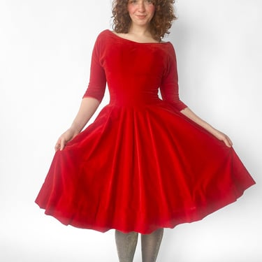 1950s Red Velvet Fit and Flare Dress, sz. S