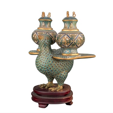 Antique Chinese Qing Dynasty Cloisonne Enamel & Gilt Bronze Bird Censer 