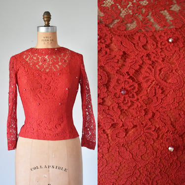 Alice 50s beaded lace top, 1950s lace blouse, pinup rockabilly red top, womens vintage clothing, erstwhile style 