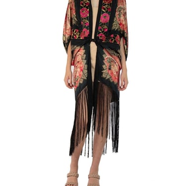 Morphew Collection Black, Red & Gold Silk Lamé Art Deco Floral Cocoon With Fringe 