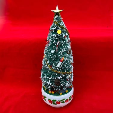 vintage bottle brush Christmas tree flocked music box musical tree 