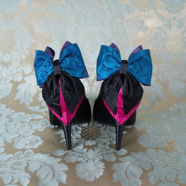 Stunning 80s Stuart Weitzman for Mr. Seymour Black Satin Heels with Satin Damask Bow Backs in Pink, Blue, Black, and Purple 