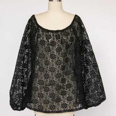 1970s Blouse Sheer Lace Top Black L 