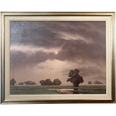 Vintage 1980 CLIFFORD T. BAILEY Oil on Canvas Painting, Rural Open Landscape and Pink Skies. Original Art Signed Original Art 
