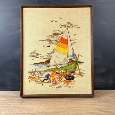 Sailboat and boy crewel embroidery - 1970s vintage 