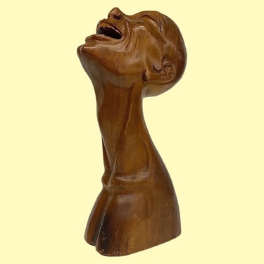 Vintage Bust Retro 1970s Mid Century Modern + Brown Wood + Hand Carved + Head and Long Neck + Laughing + Statue + Home Decor + Decoration 