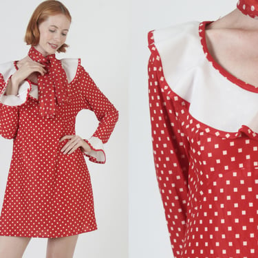 Casual White Polka Dot Dress With Matching Belt / Vintage 70s Neck Bandana Scarf  / Red Ruffle Babydoll Mini 