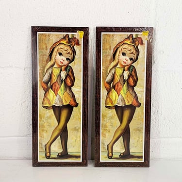 Vintage Jean Maio Harlequin Big Eye Girl Print Picture Wall Plaque Set Mardi Gras 1960s Kitsch Lithograph Board Jester - 2 Available 
