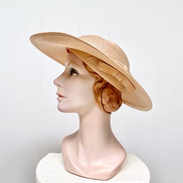 Vintage 1960s Wide Brim Straw Hat, 60s Natural Cello Sun Hat with Skull Cap, Mid-Century Sandra of New York, Size 21 1/2