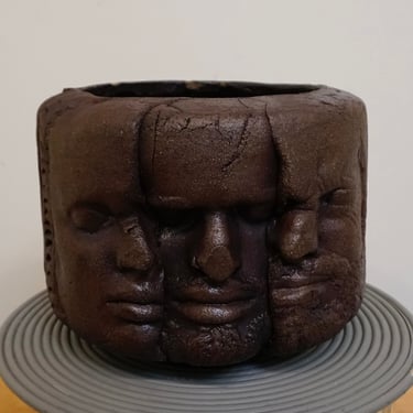 vintage squished faces pot | handmade brown pottery planter 