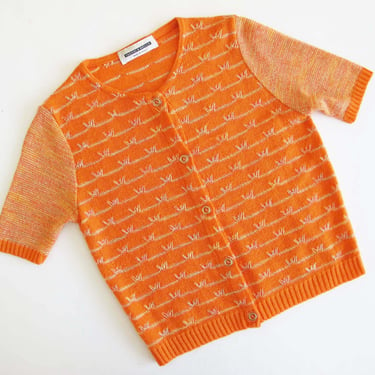 Vintage 2000s Orange Cardigan Button Up Shirt XS S - Y2K Italian Knit Striped Sweater Top 