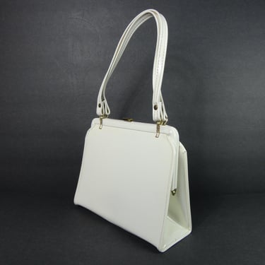 1960s White Shiny Vinyl Purse Vintage Handbag Top Handle Bag Mid Century Framed Purse Patent Leather-Like Pocketbook White Leatherette Purse 