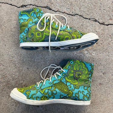 Green & Blue Paisley Canvas Print High Top Lace up Causal Sneakers Women's 39 