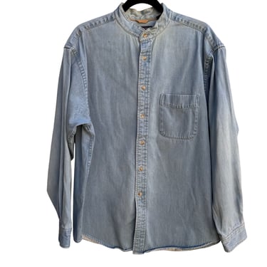 Roundtree &amp; Yorke Vintage Mens Blue Denim Button-Up Mandarin Collar Shirt L