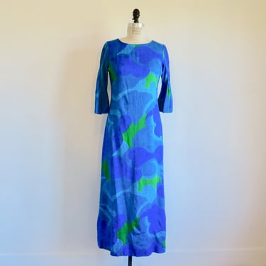 1960's Blue Teal Green Barkcloth Print Hawaiian Long Maxi Dress Mod Style Bell Sleeves Beach Resort Luau Liberty House 32
