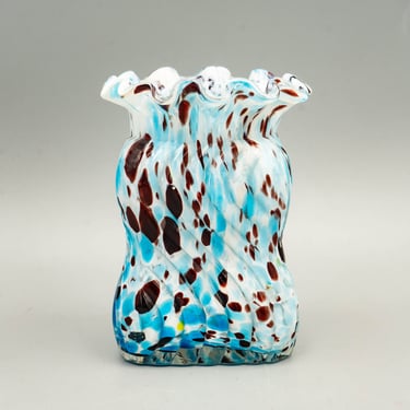 Spatter Glass Square Vase, Blue & Brown Ruffle Edge | Vintage Cased Splatter Art Glass 