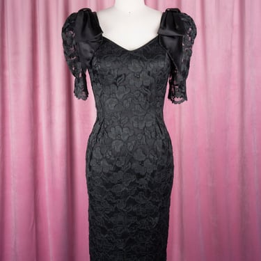 Vintage 80s Midnight Glo Black Lace Dress with Sweetheart Neckline and Satin Statement Bows on Shoulders 