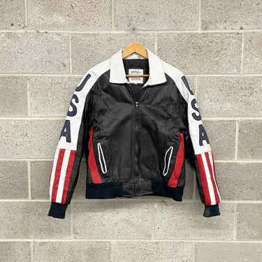 Vintage Jacket Retro 1980s USA + Wheremi + Michael Hoban + Genuine Leather + Size Large + American Flag + Red + White + Blue + Mens Apparel 