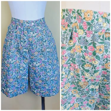 1970s Vintage David Smith Blue Cotton High Waisted Shorts / 70s Floral Pastel Shorts / Size Medium - Large 