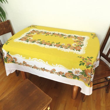 Vintage Yellow Floral Tablecloth Mums Flowers 53" x 66" Rectangular 