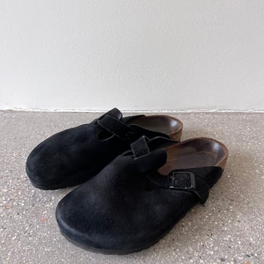 Black Suede Leather Clogs / Classic Birkenstock Boston / Cork Footbed / Made in Germany / Size 39 