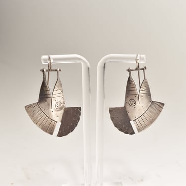 Modernist Sterling Silver Fish Head Dangle Earrings, Unique 925 Silver Earrings, 1.875" 