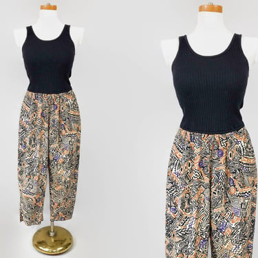 VINTAGE 80s Tribal Print Rayon Harem Capri Pants Jumpsuit | 1980s Tank Bodice Cropped Jumpsuit | VFG 