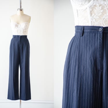 high waisted pants | 90s y2k vintage Liz Claiborne pinstripe navy blue wool dark academia wide leg trousers 