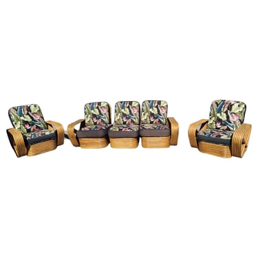 Restored Art Deco Six-Strand Rattan Sofa and Lounge Chair Pair Set 